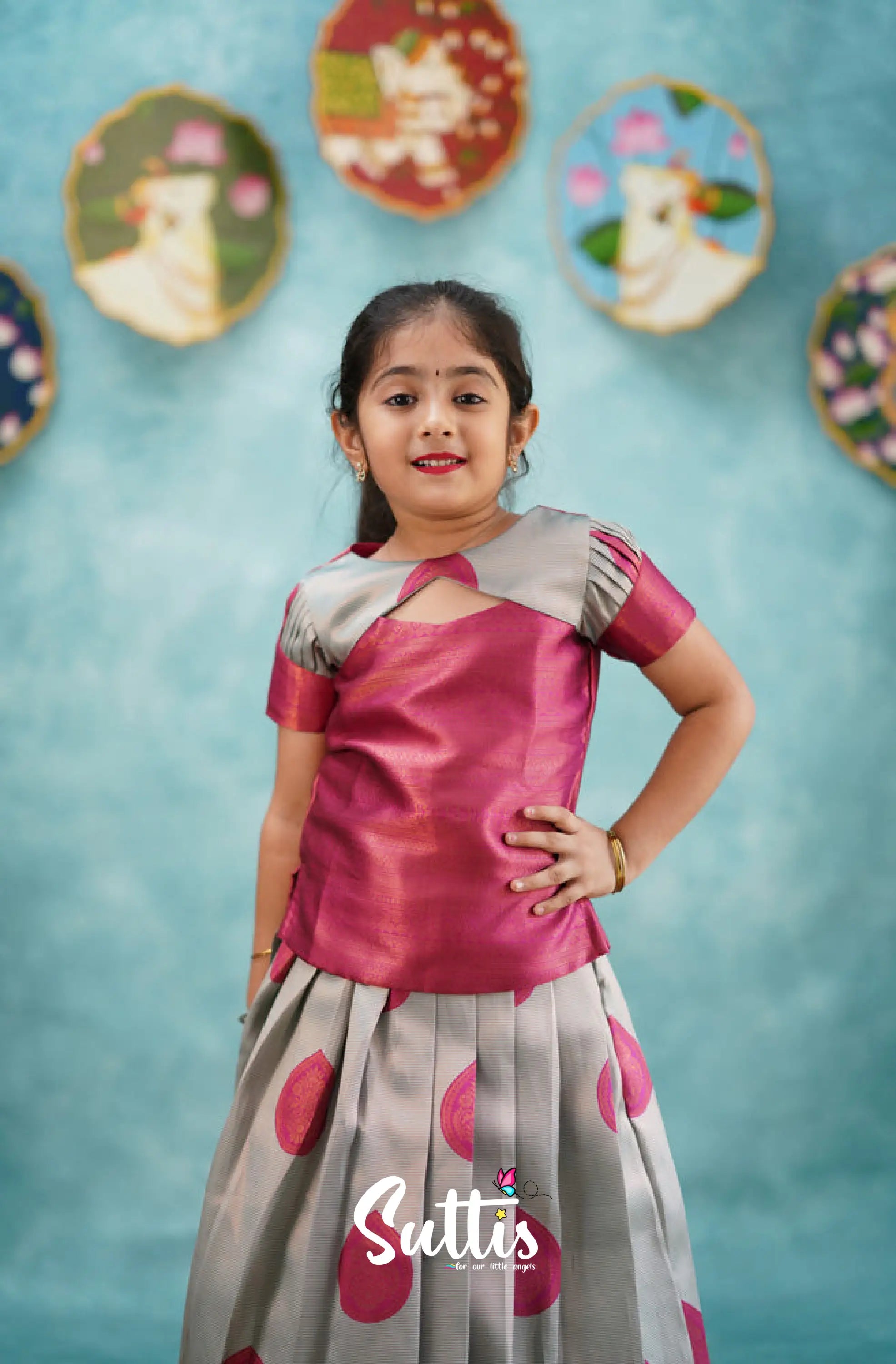 Padmakshi - Dark Pink Blended Silk Pavadai Sattai Kids-Suttis