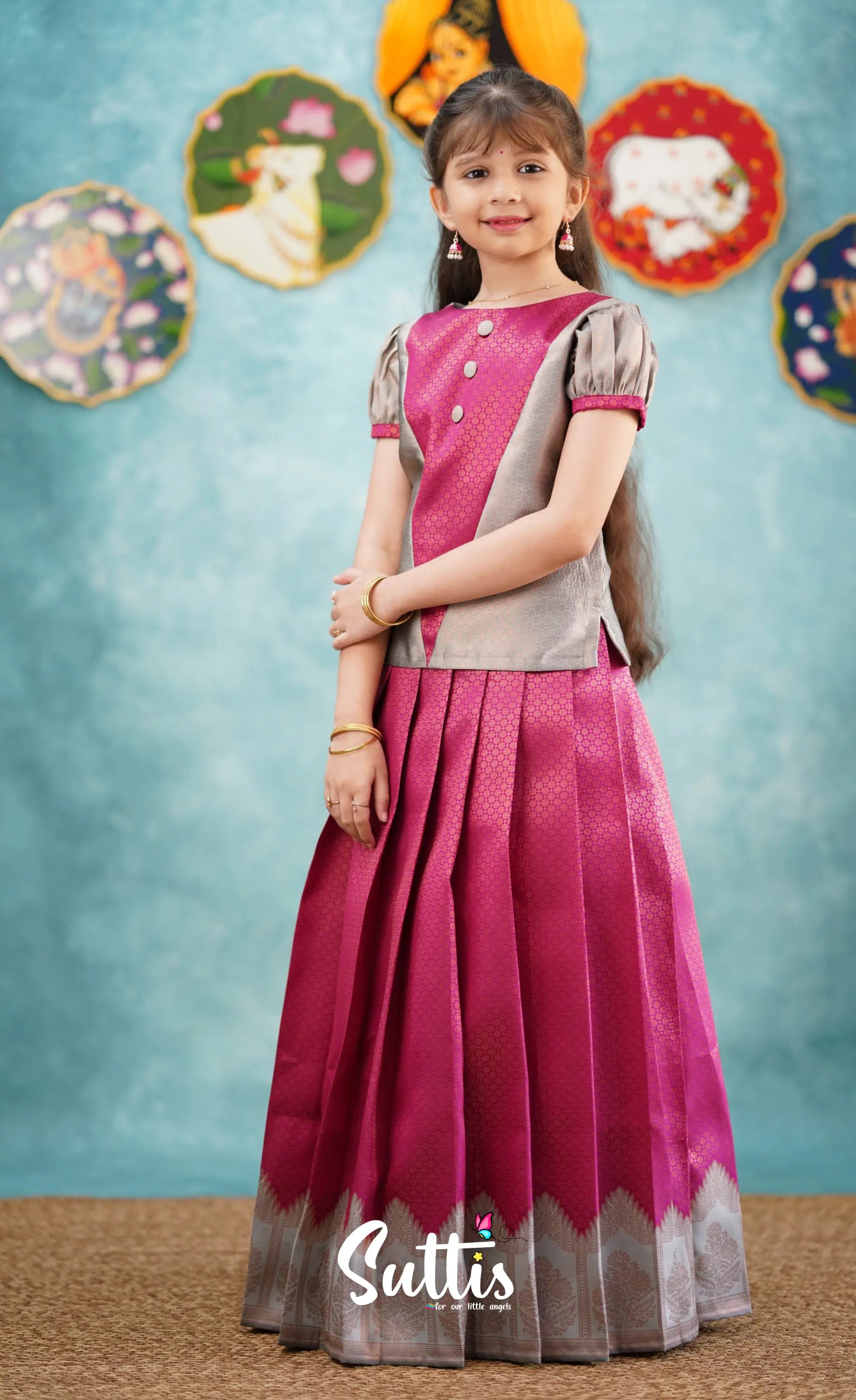 Padmakshi - Dark Pink Shade And Grey Pavadai Sattai Kids-Suttis