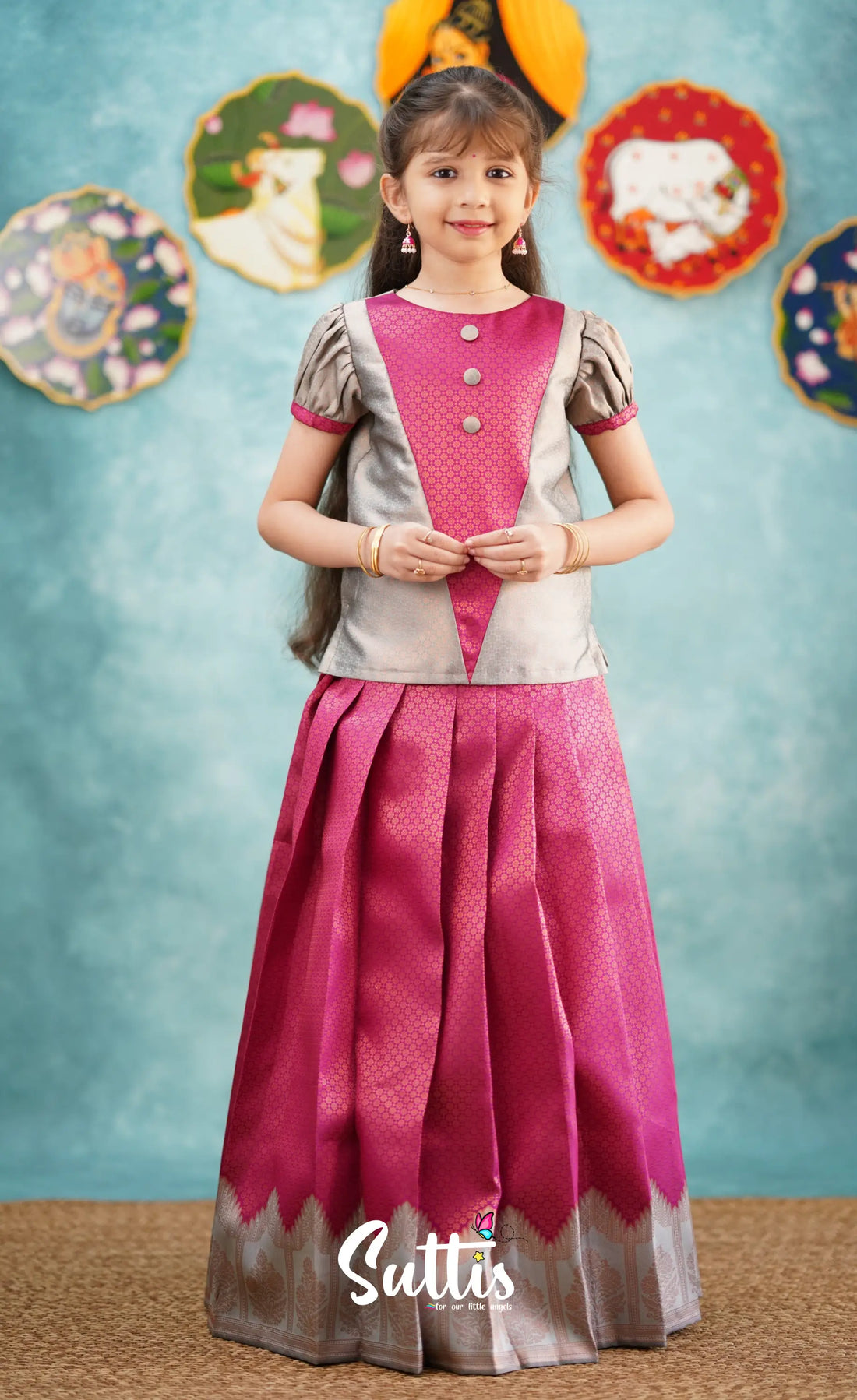 Padmakshi - Dark Pink Shade And Grey Pavadai Sattai Kids-Suttis