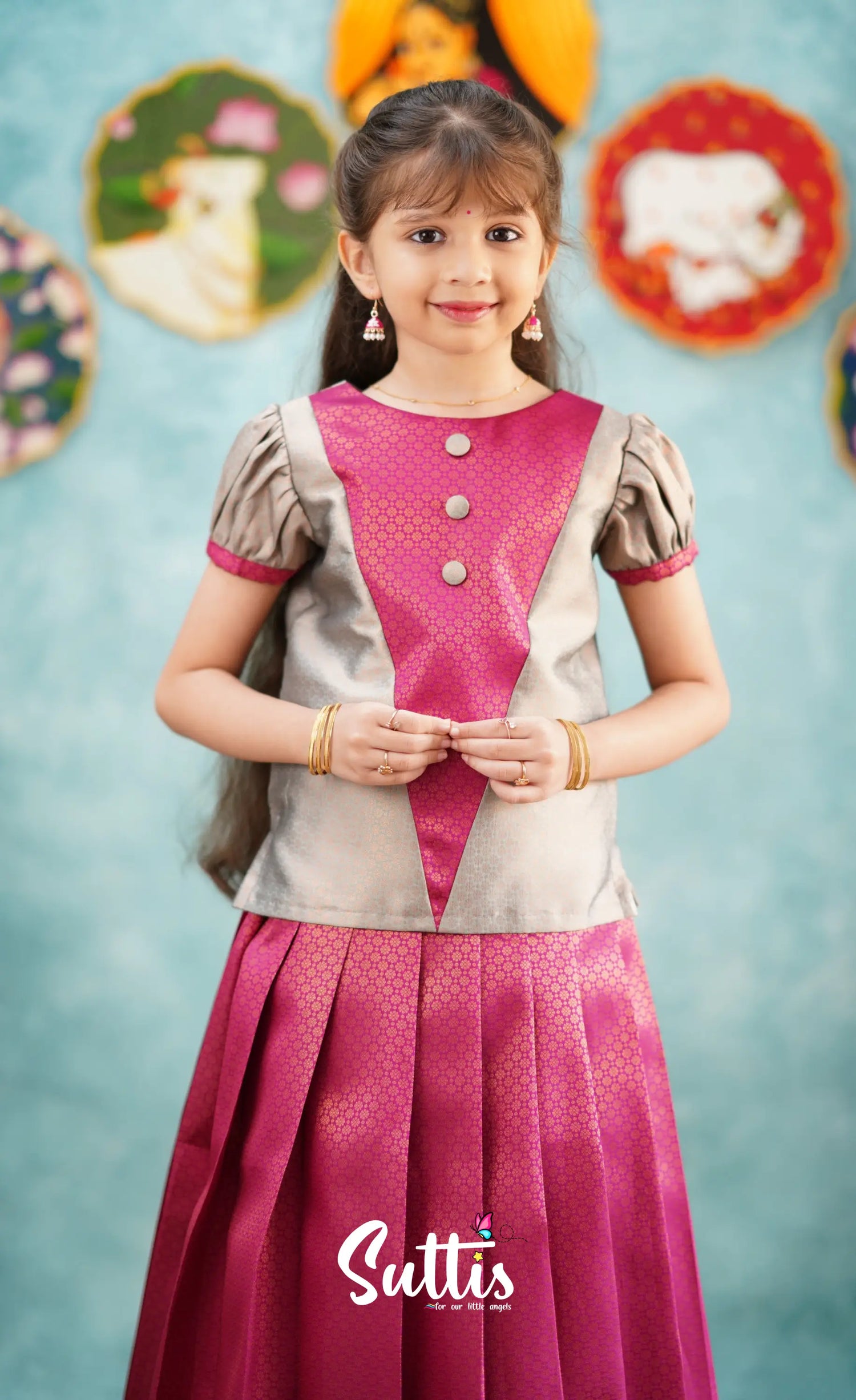 Padmakshi - Dark Pink Shade And Grey Pavadai Sattai Kids-Suttis