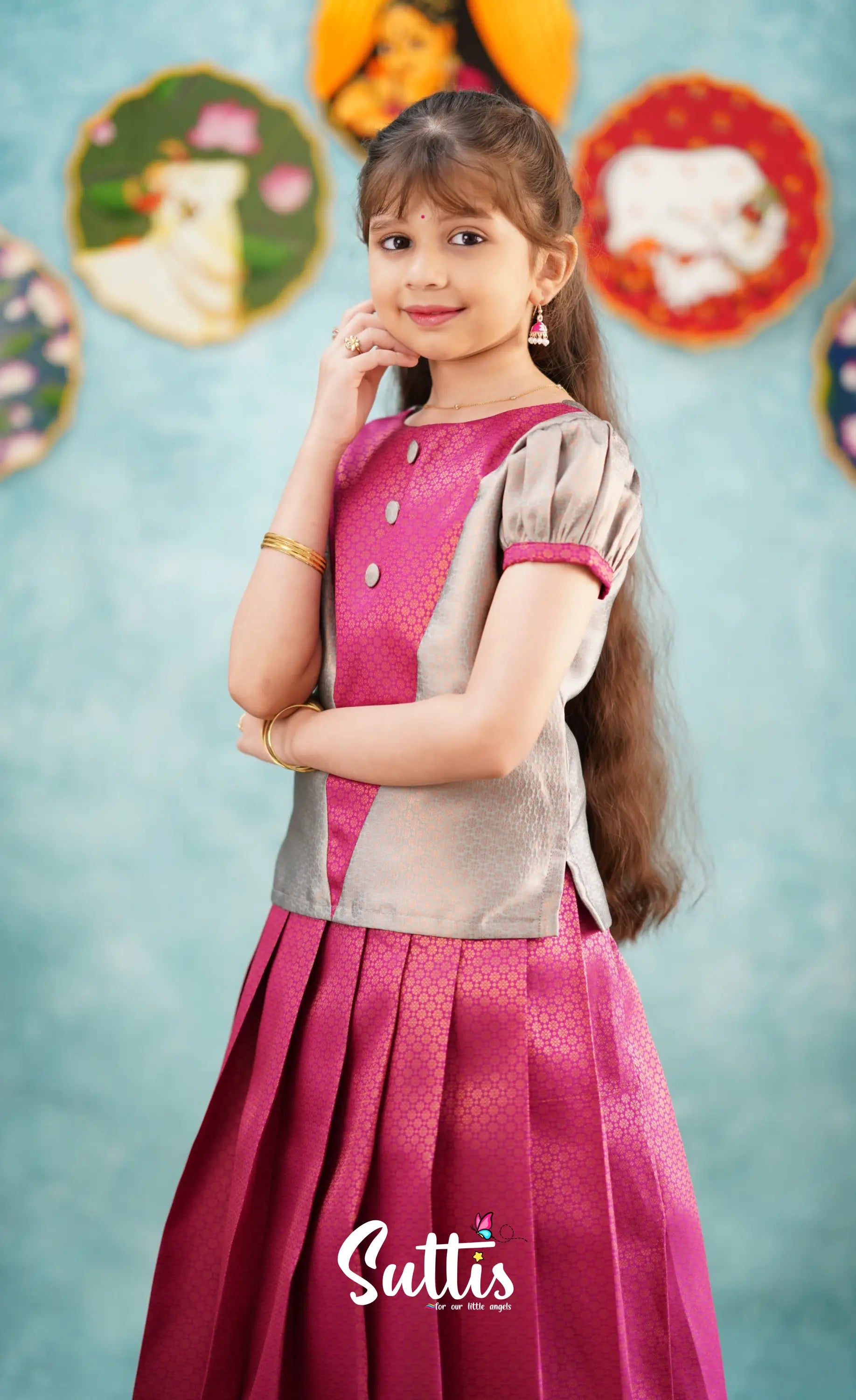 Padmakshi - Dark Pink Shade And Grey Pavadai Sattai Kids-Suttis