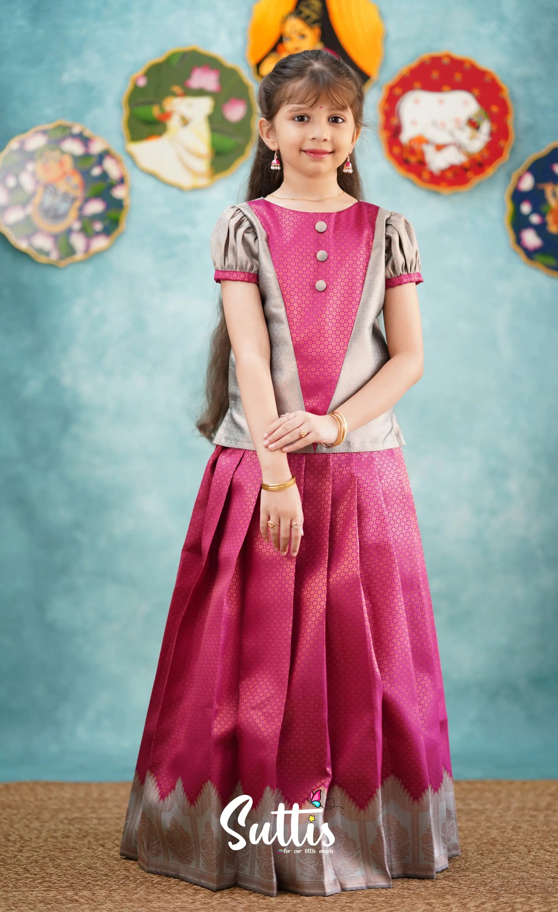 Padmakshi - Dark Pink Shade And Grey Pavadai Sattai Kids-Suttis