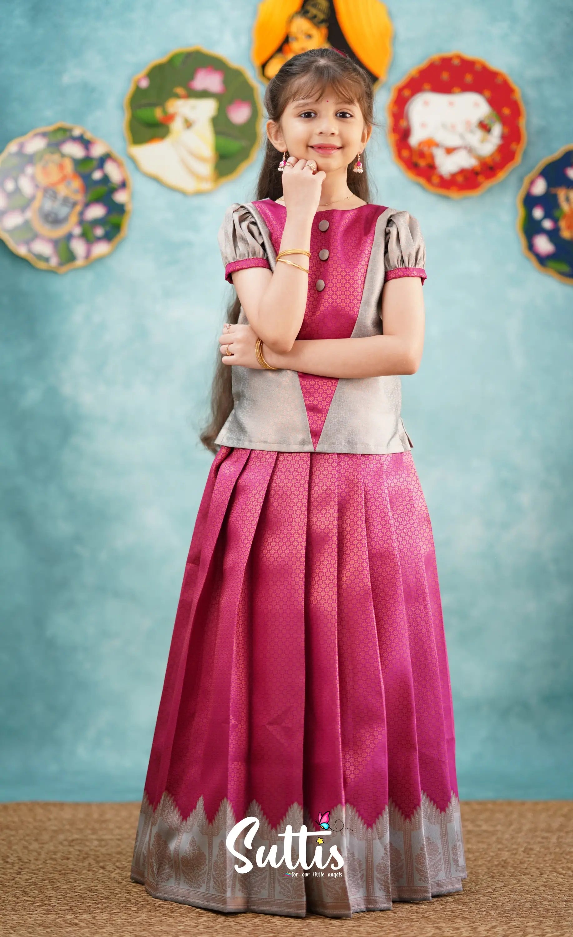 Padmakshi - Dark Pink Shade And Grey Pavadai Sattai Kids-Suttis