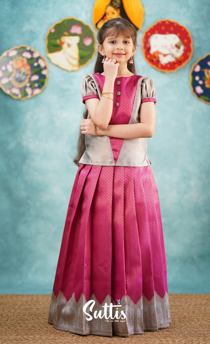 Padmakshi - Dark Pink Shade And Grey Pavadai Sattai Kids-Suttis