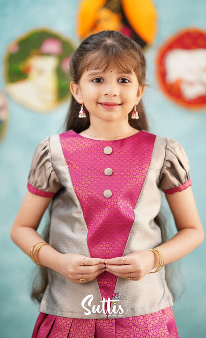 Padmakshi - Dark Pink Shade And Grey Pavadai Sattai Kids-Suttis