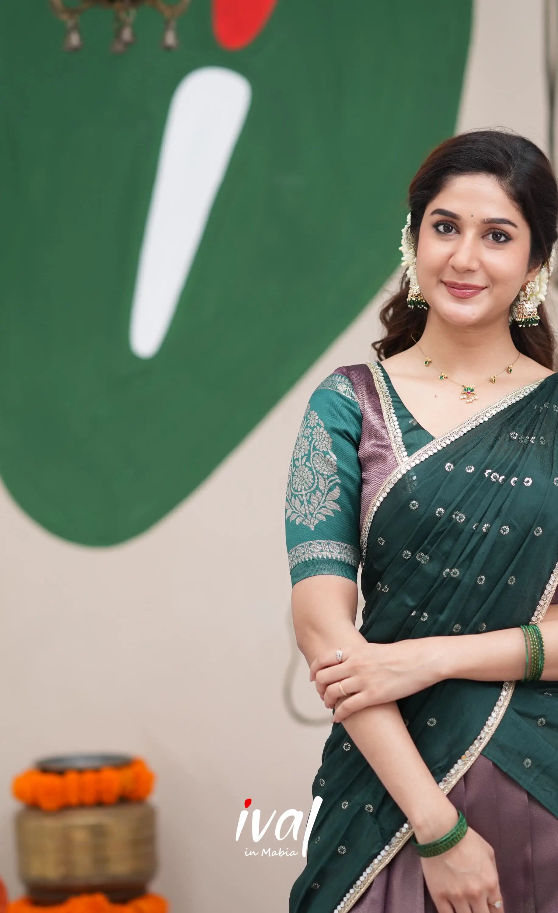 Padmakshi Dark Purple and Dark Green Blended Silk Halfsaree Half Sarees