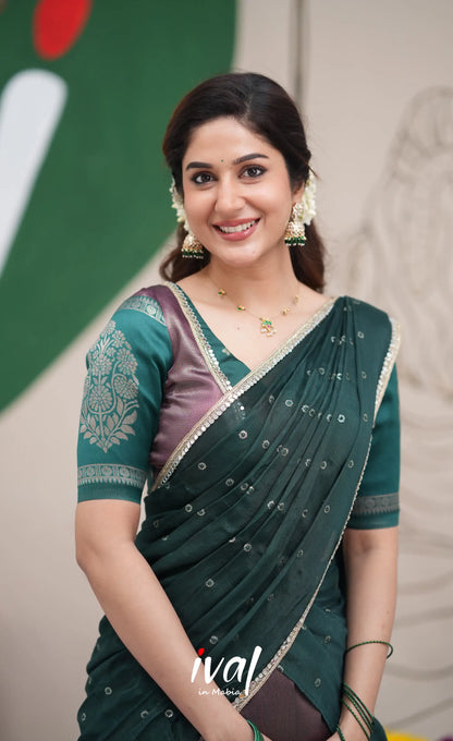 Padmakshi Dark Purple and Dark Green Blended Silk Halfsaree Half Sarees