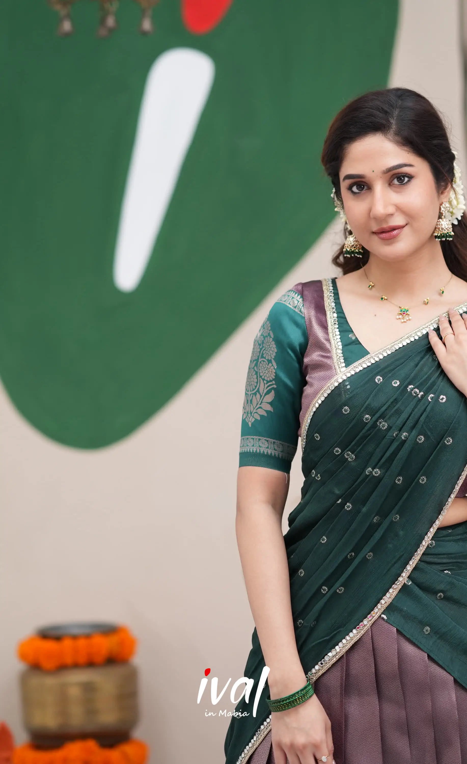 Padmakshi Dark Purple and Dark Green Blended Silk Halfsaree Half Sarees