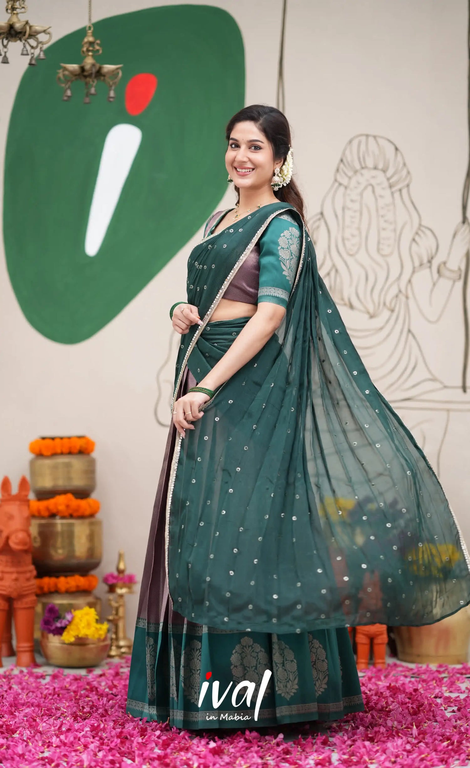 Padmakshi Dark Purple and Dark Green Blended Silk Halfsaree Half Sarees