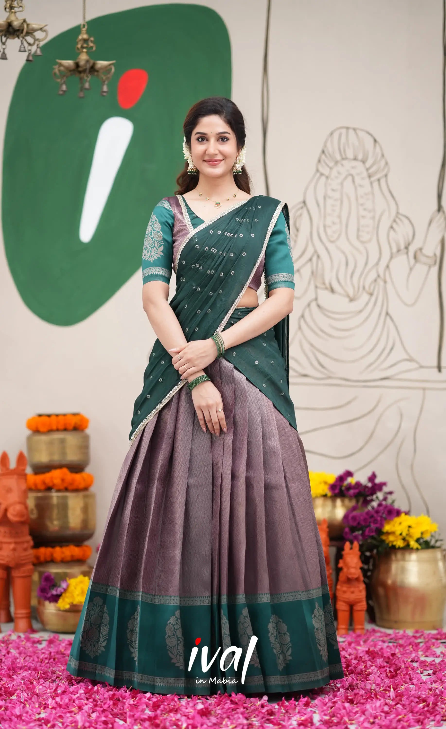 Padmakshi Dark Purple and Dark Green Blended Silk Halfsaree Half Sarees