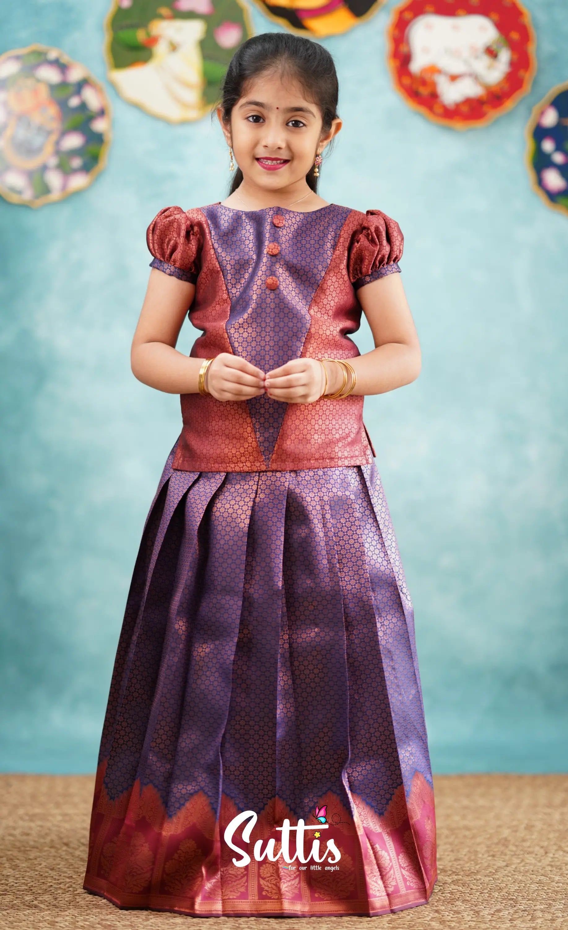 Padmakshi - Dark Purple Shade And A Tone Of Maroon Pavadai Sattai Kids-Suttis