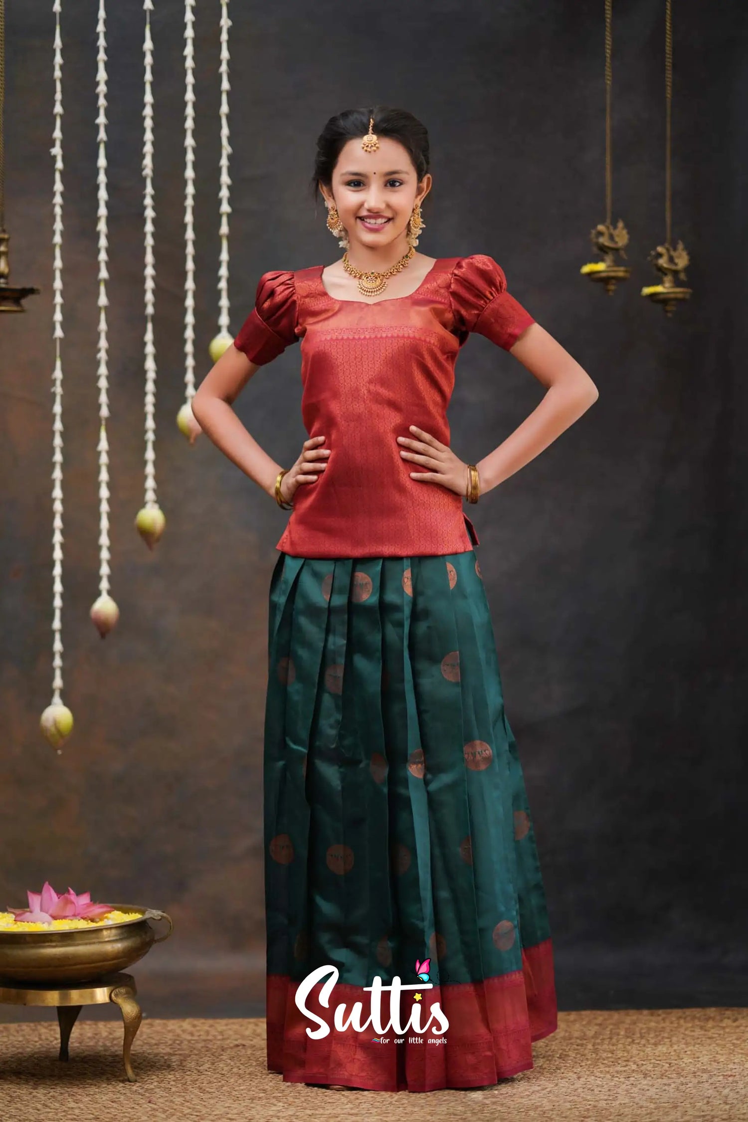 Padmakshi - Dark Teal Green And Maroon Semi Silk Pavadai Top Kids-Suttis