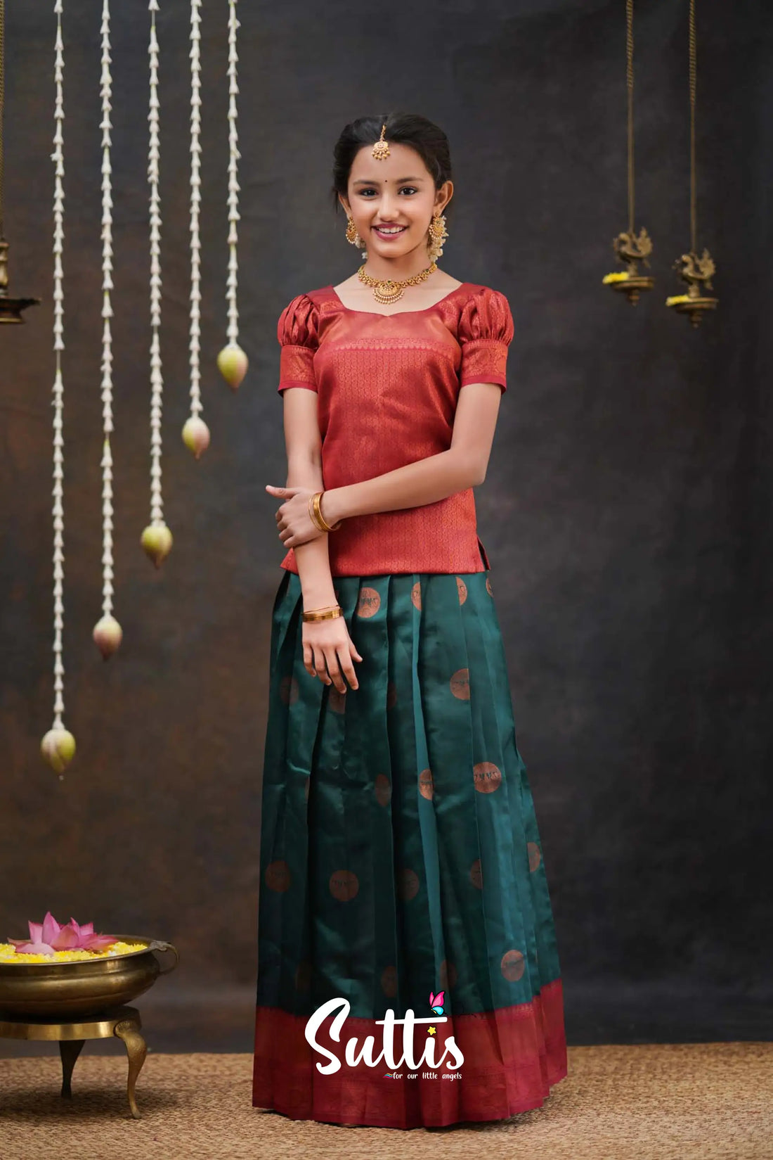 Padmakshi - Dark Teal Green And Maroon Semi Silk Pavadai Top Kids-Suttis