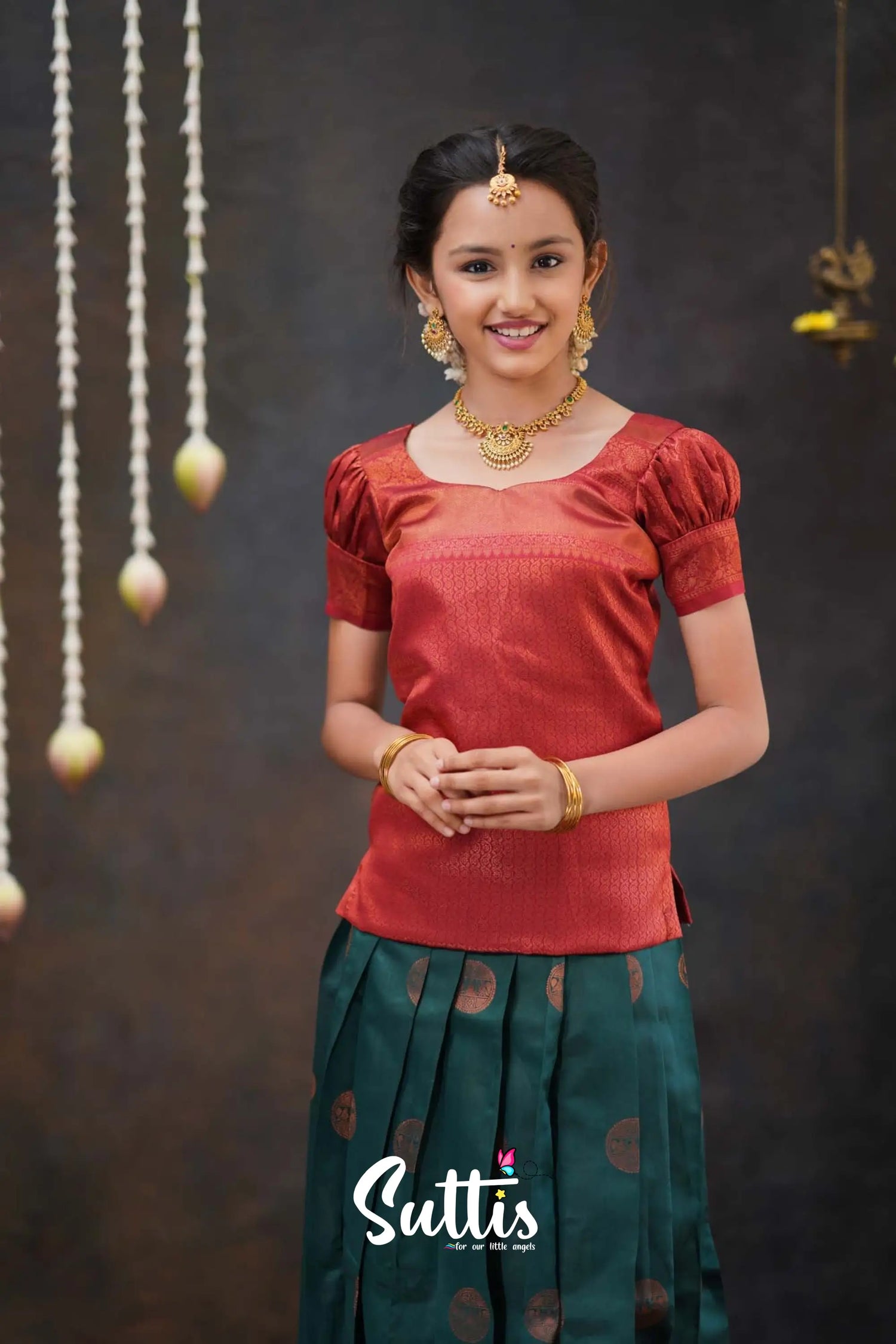 Padmakshi - Dark Teal Green And Maroon Semi Silk Pavadai Top Kids-Suttis