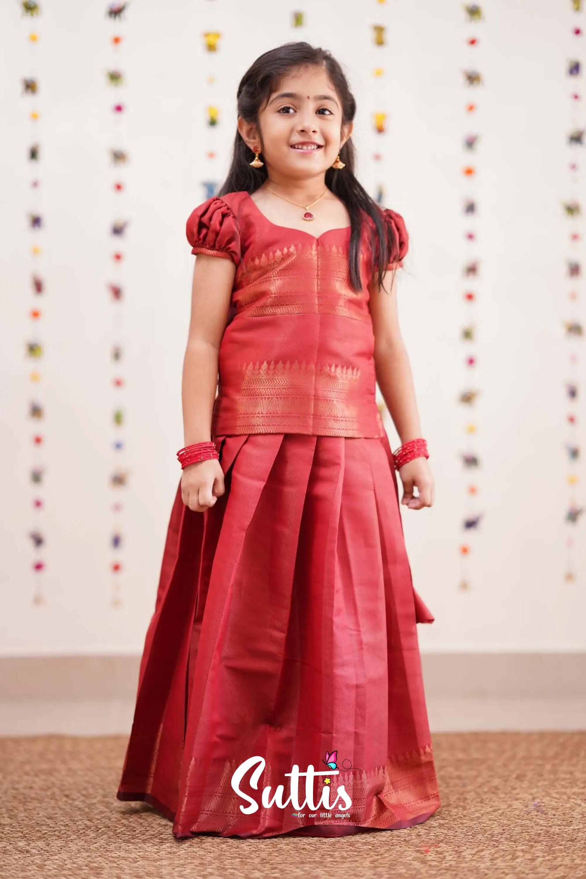 Padmakshi - Deep Red Semi Silk Pavadai Sattai Kids-Suttis