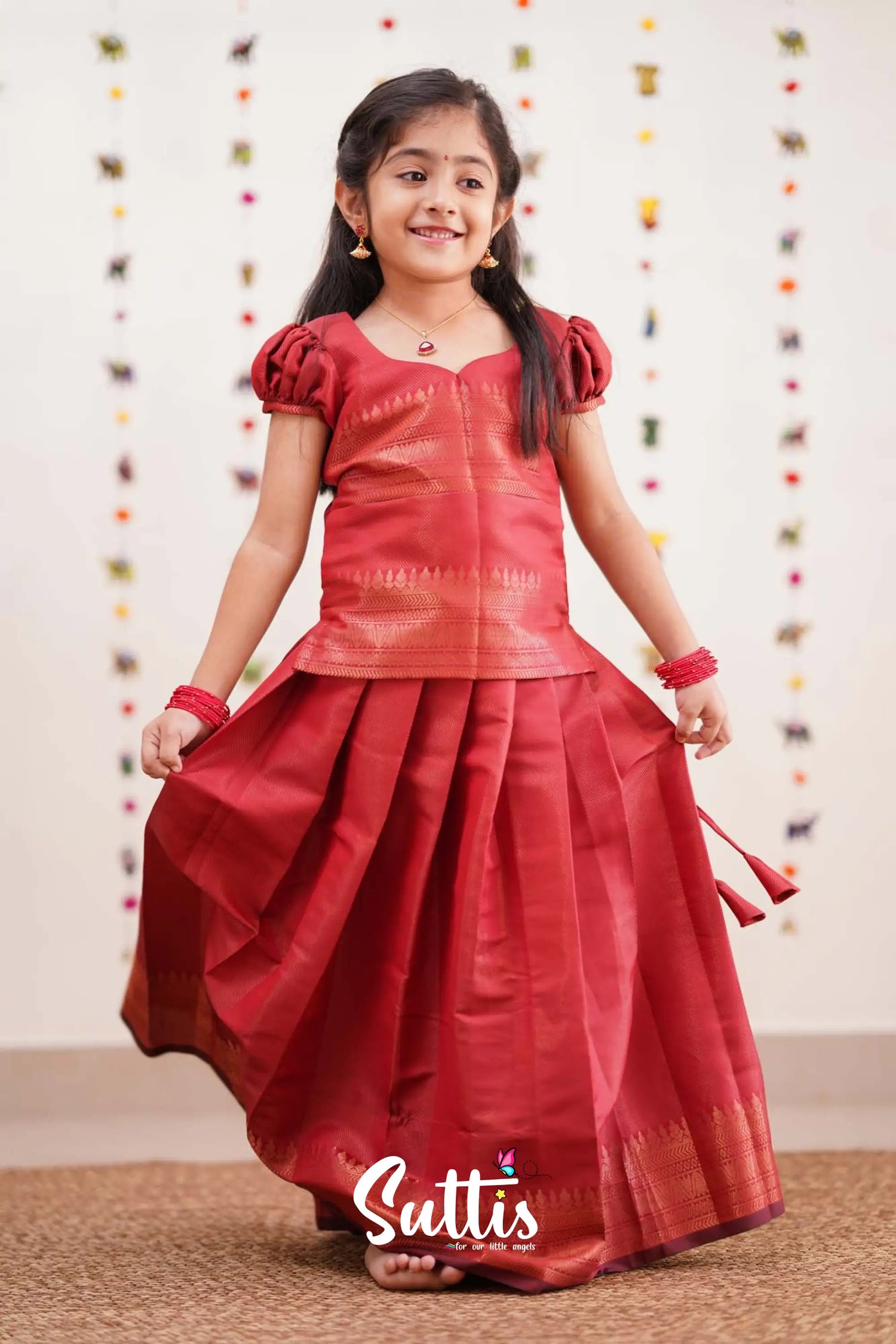 Padmakshi - Deep Red Semi Silk Pavadai Sattai Kids-Suttis