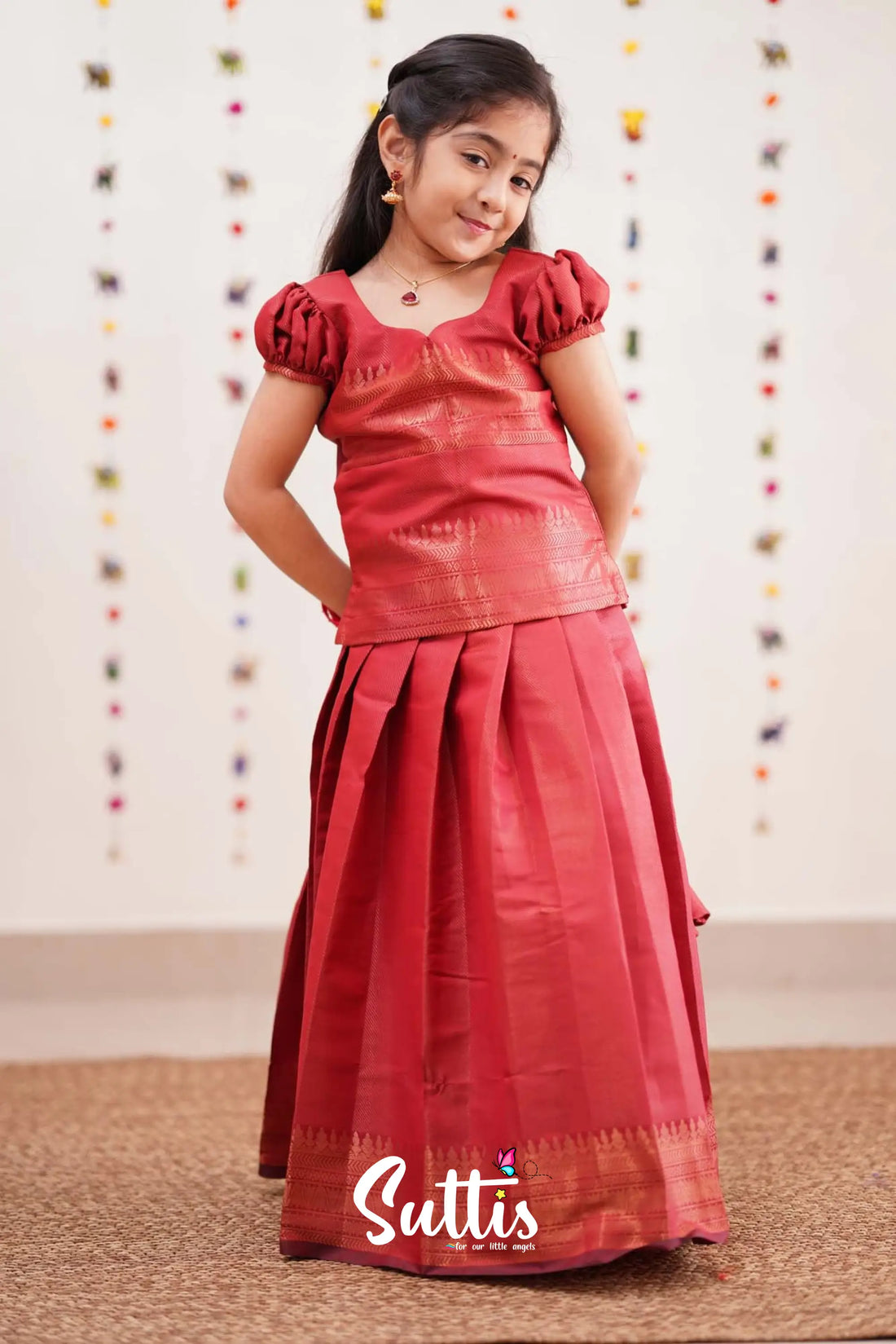 Padmakshi - Deep Red Semi Silk Pavadai Sattai Kids-Suttis