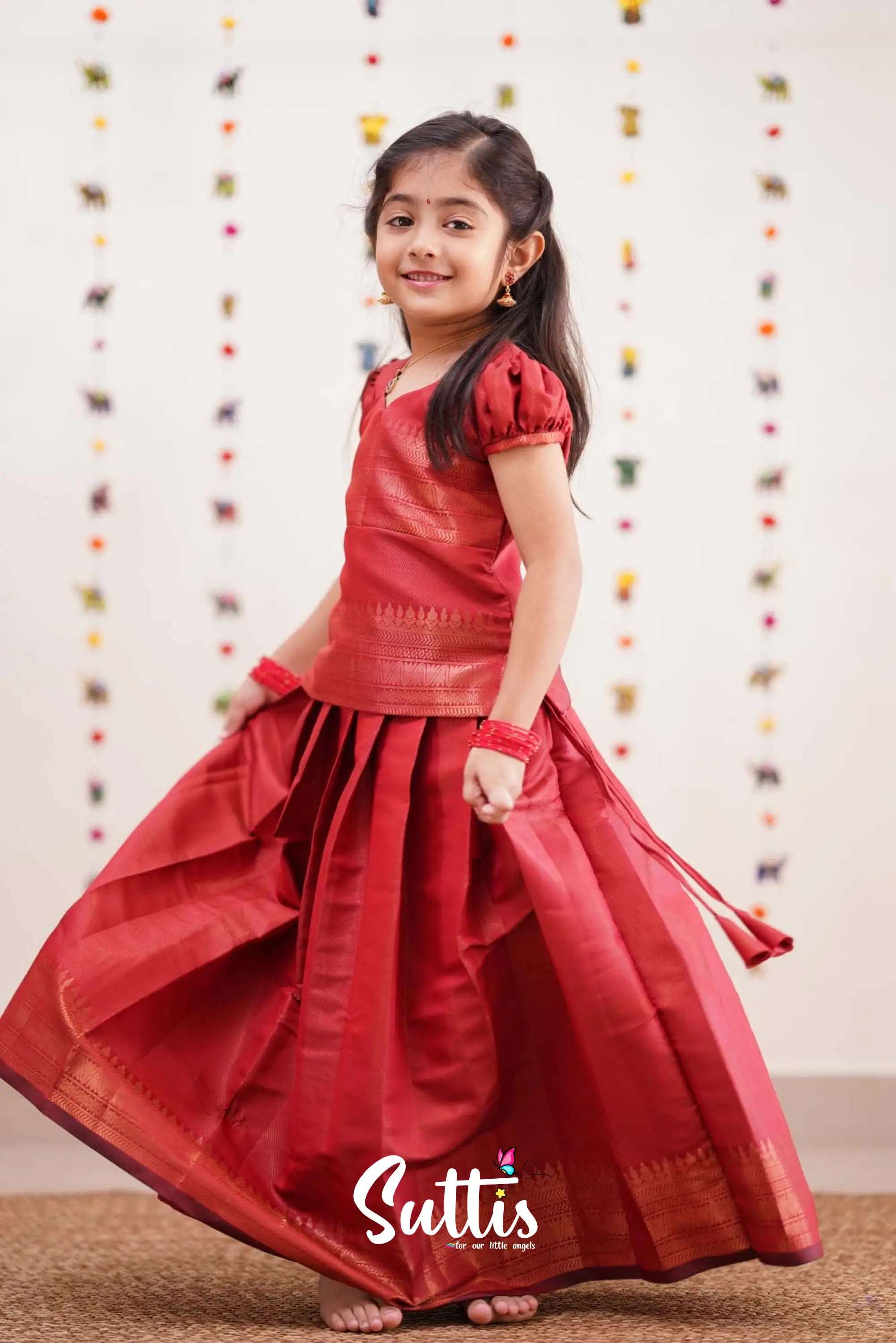 Padmakshi - Deep Red Semi Silk Pavadai Sattai Kids-Suttis