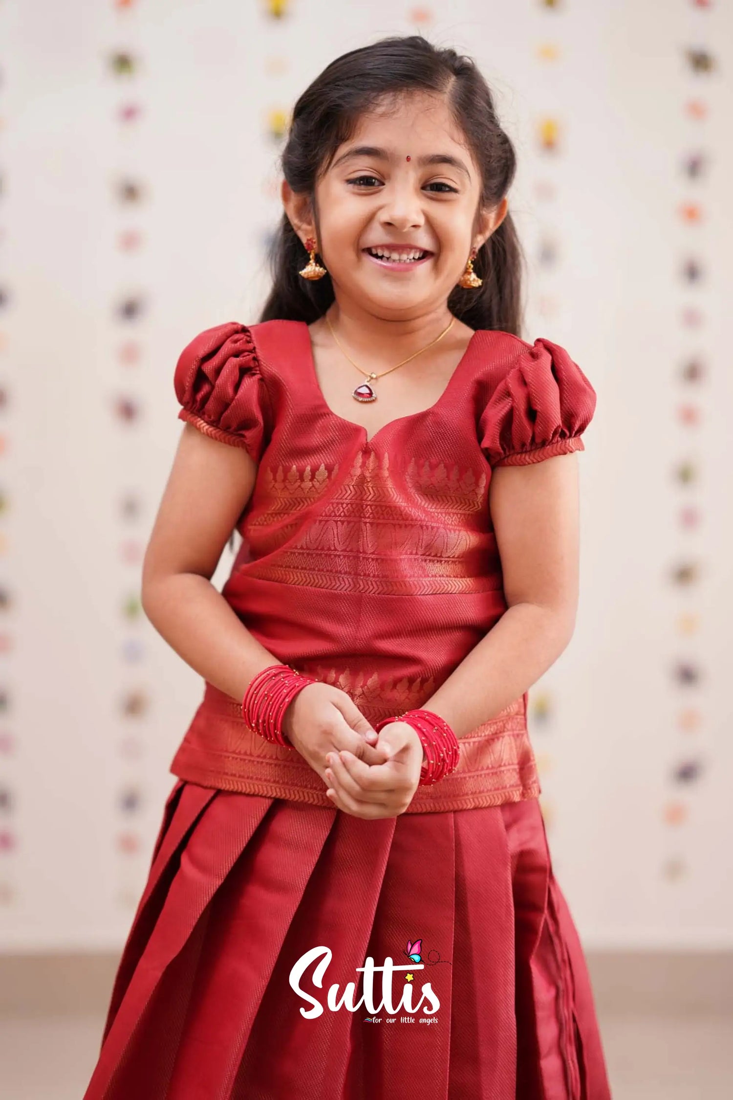 Padmakshi - Deep Red Semi Silk Pavadai Sattai Kids-Suttis