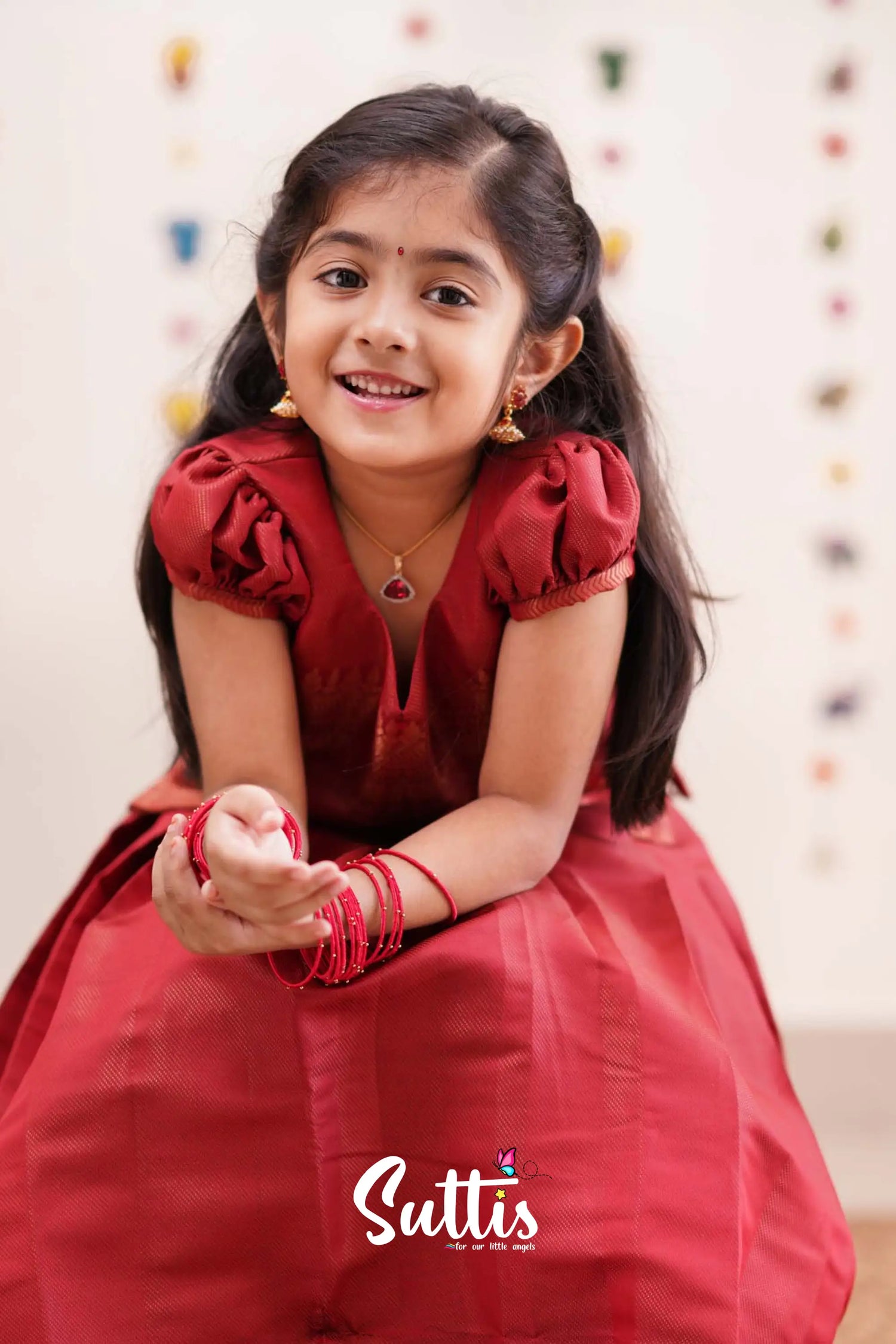 Padmakshi - Deep Red Semi Silk Pavadai Sattai Kids-Suttis