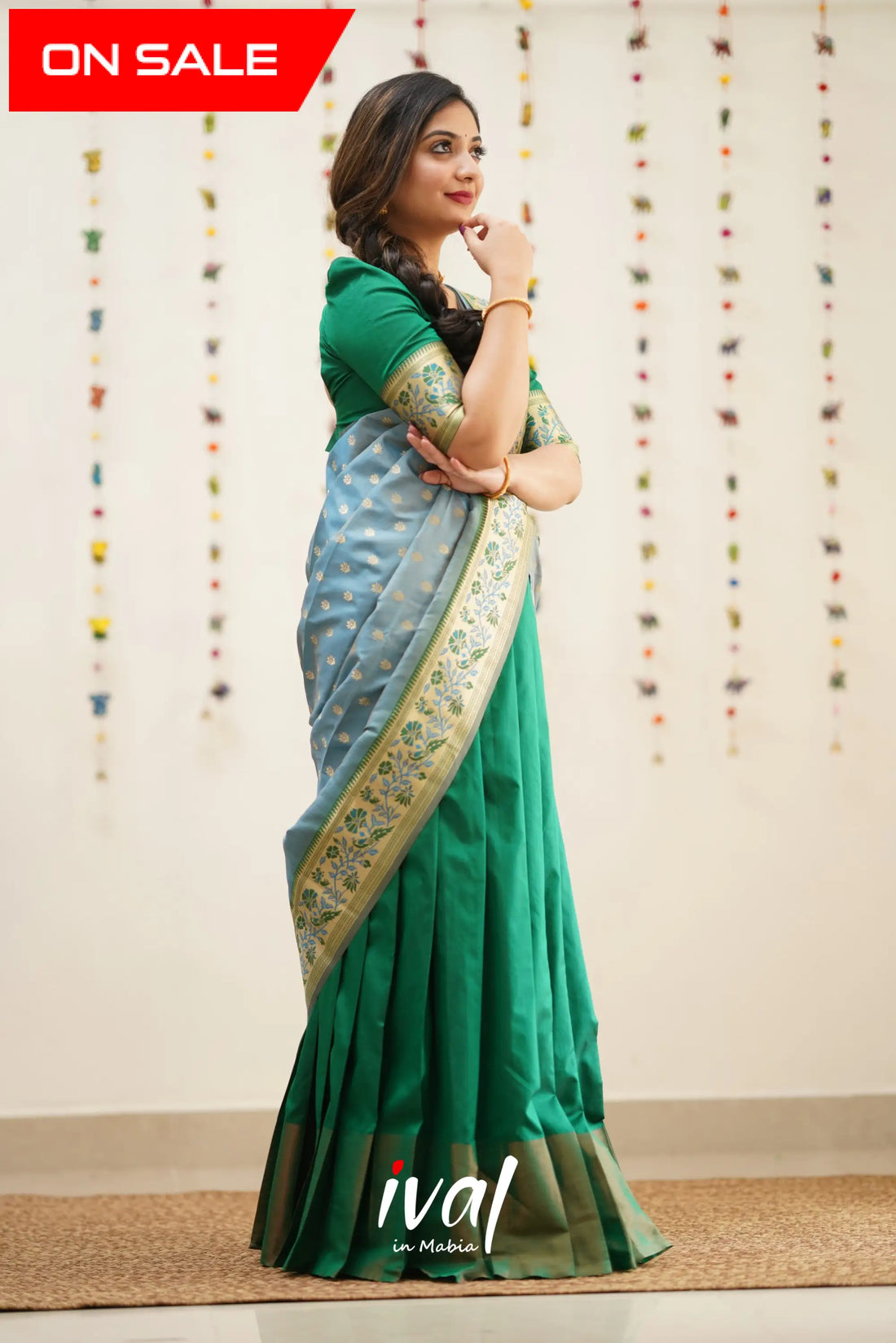 Padmakshi - Green And Dull Pastel Blue Paithani Art Silk Halfsaree Half Sarees