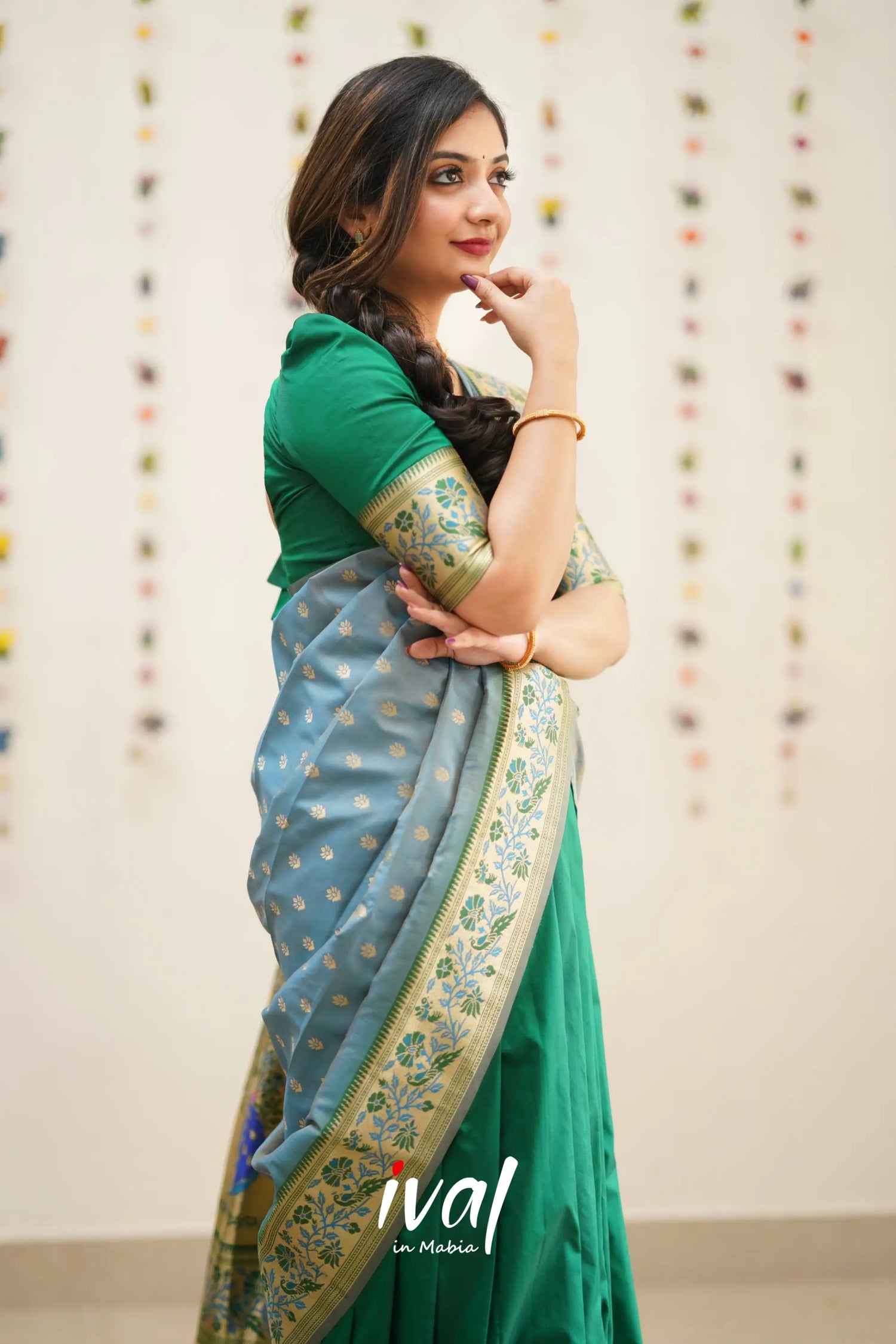 Padmakshi - Green And Dull Pastel Blue Paithani Art Silk Halfsaree Half Sarees