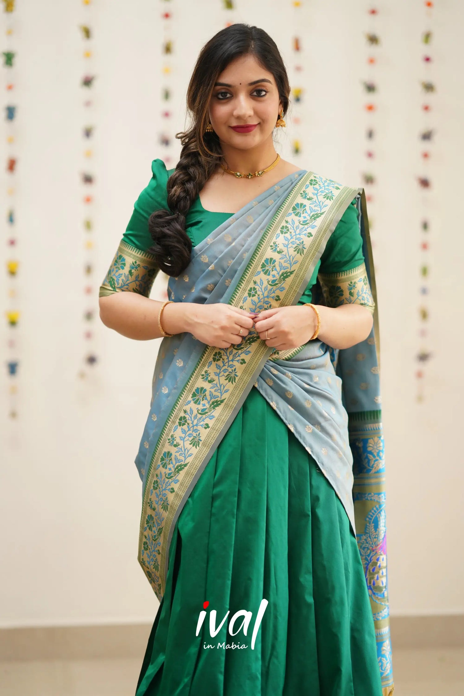 Padmakshi - Green And Dull Pastel Blue Paithani Art Silk Halfsaree Half Sarees