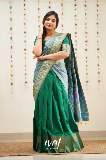 Padmakshi - Green And Dull Pastel Blue Paithani Art Silk Halfsaree Half Sarees