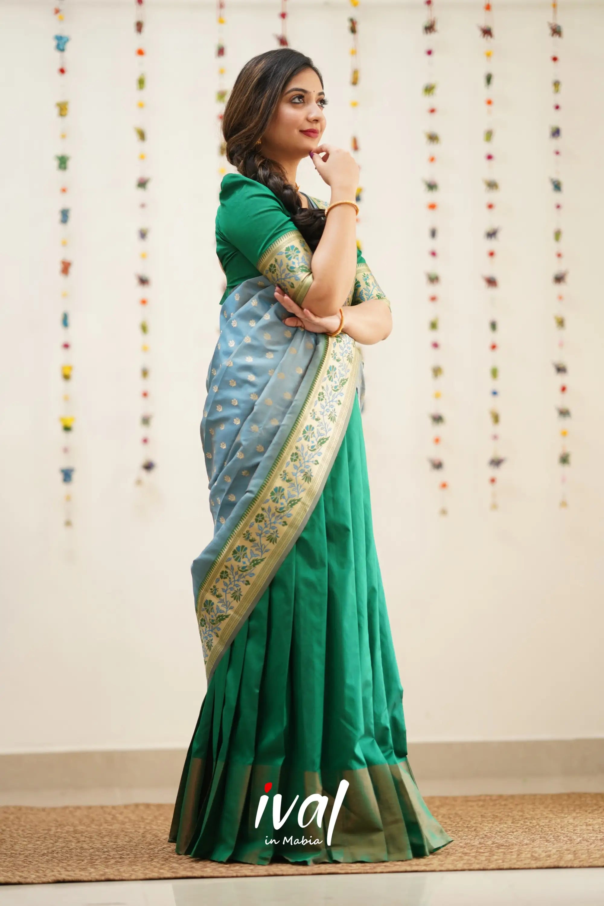 Padmakshi - Green And Dull Pastel Blue Paithani Art Silk Halfsaree Half Sarees