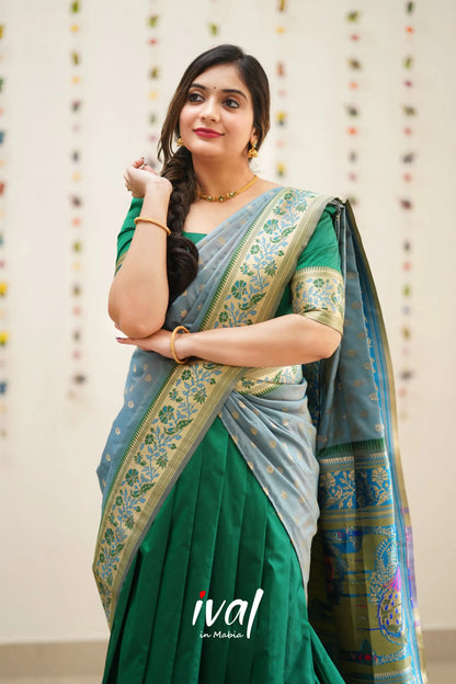 Padmakshi - Green And Dull Pastel Blue Paithani Art Silk Halfsaree Half Sarees