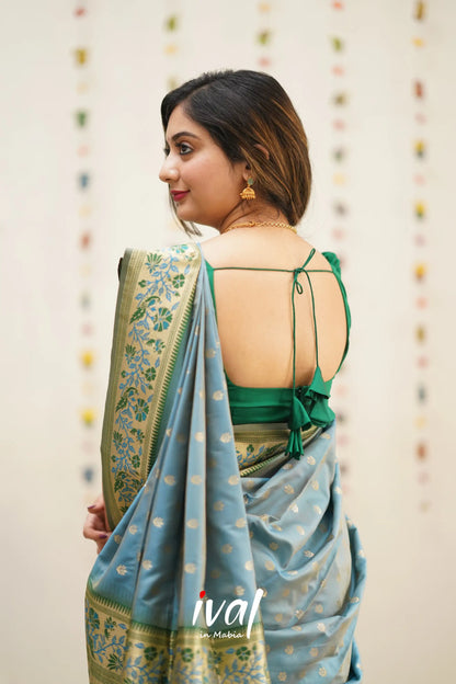 Padmakshi - Green And Dull Pastel Blue Paithani Art Silk Halfsaree Half Sarees