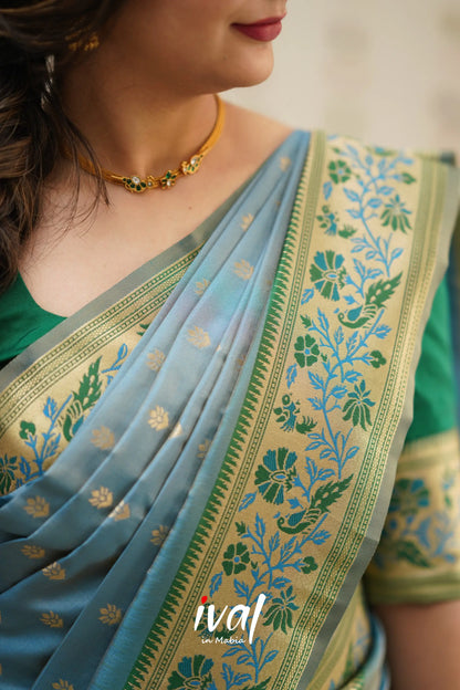Padmakshi - Green And Dull Pastel Blue Paithani Art Silk Halfsaree Half Sarees