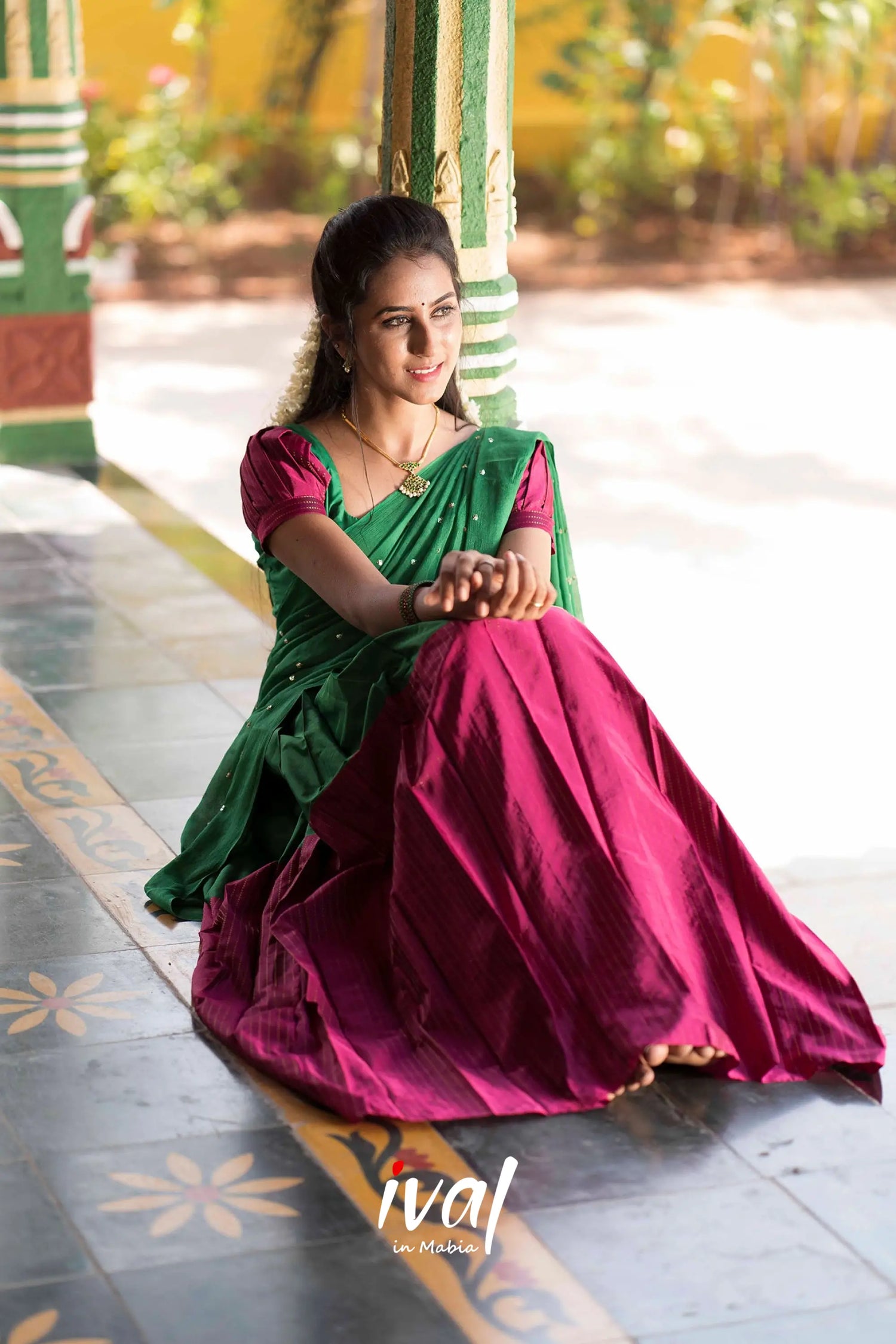 Padmakshi - Green And Light Burgundy Silk Halfsaree Half Sarees