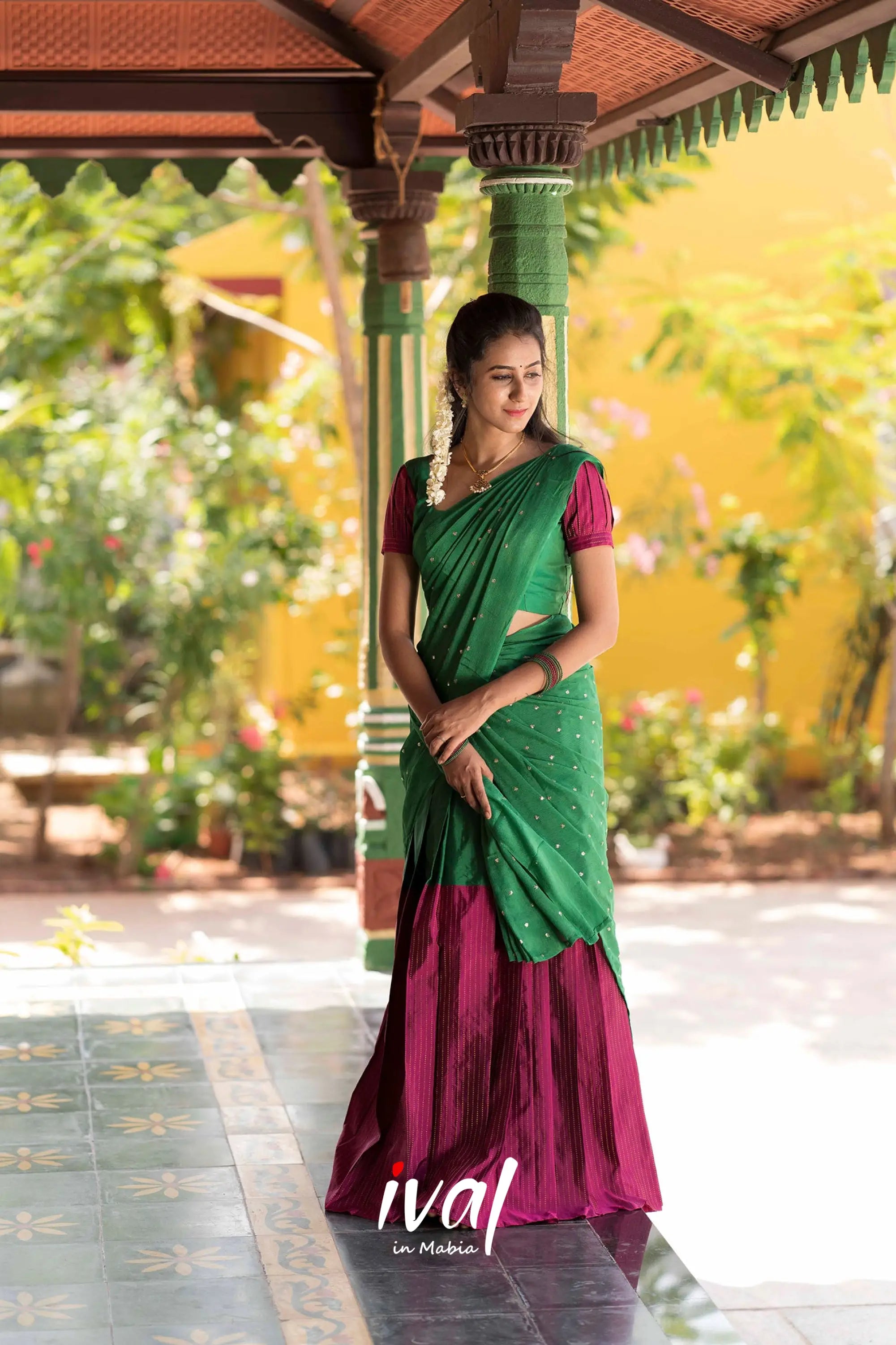 Padmakshi - Green And Light Burgundy Silk Halfsaree Half Sarees