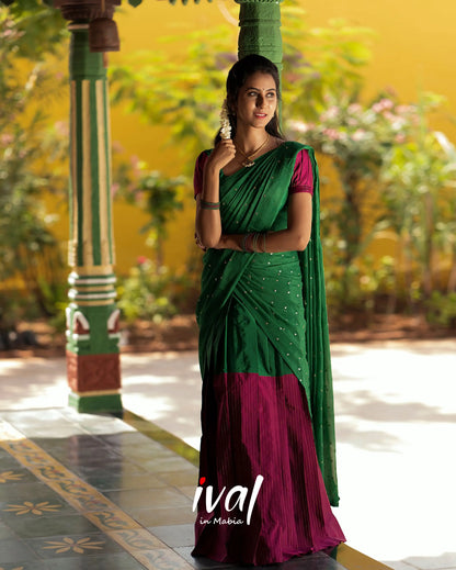 Padmakshi - Green And Light Burgundy Silk Halfsaree Half Sarees