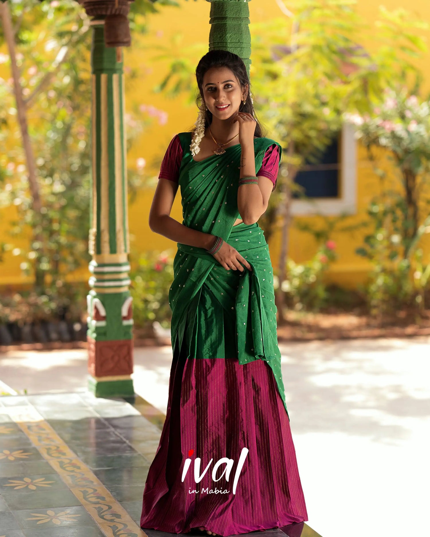 Padmakshi - Green And Light Burgundy Silk Halfsaree Half Sarees