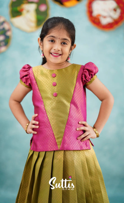 Padmakshi - Green Shade And Dark Pink Pavadai Sattai Kids-Suttis