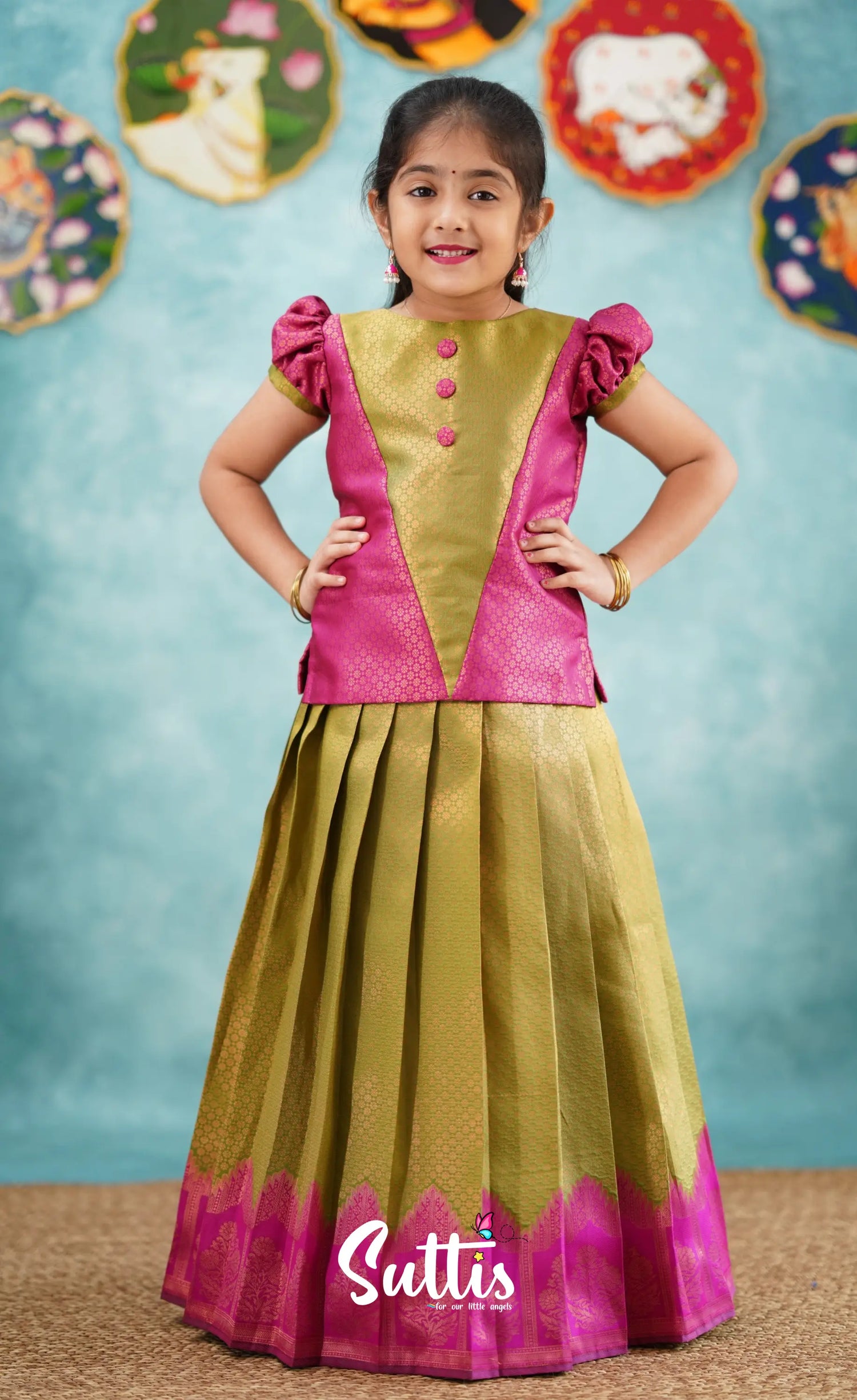 Padmakshi - Green Shade And Dark Pink Pavadai Sattai Kids-Suttis