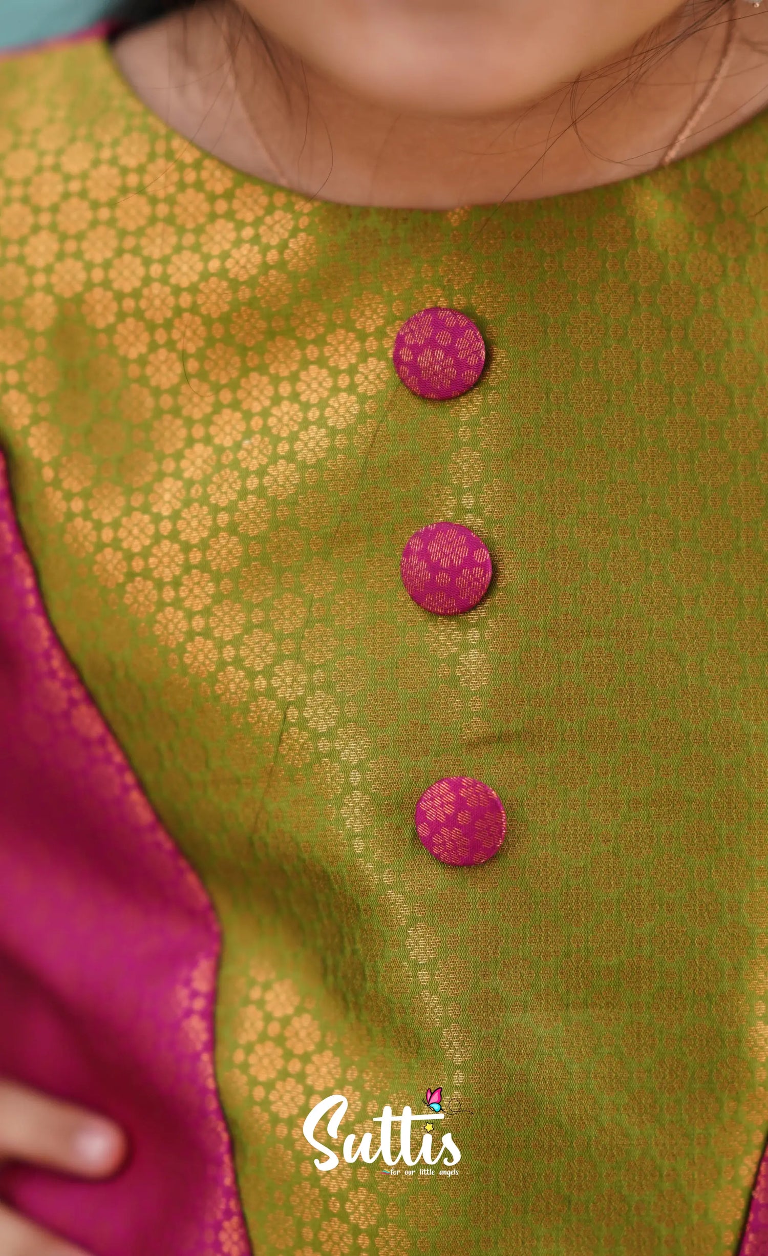 Padmakshi - Green Shade And Dark Pink Pavadai Sattai Kids-Suttis