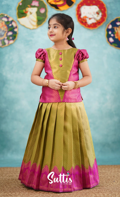 Padmakshi - Green Shade And Dark Pink Pavadai Sattai Kids-Suttis