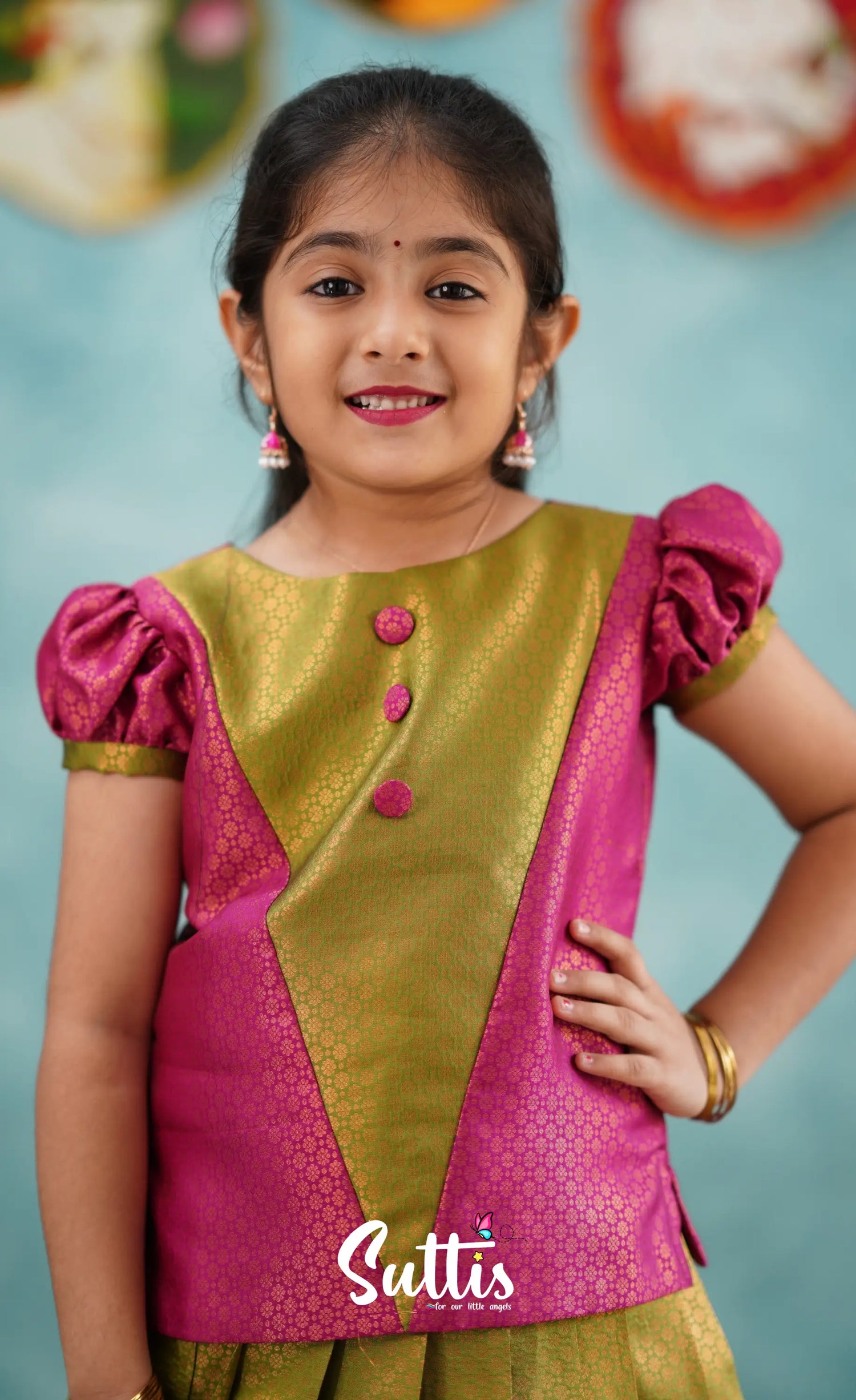 Padmakshi - Green Shade And Dark Pink Pavadai Sattai Kids-Suttis