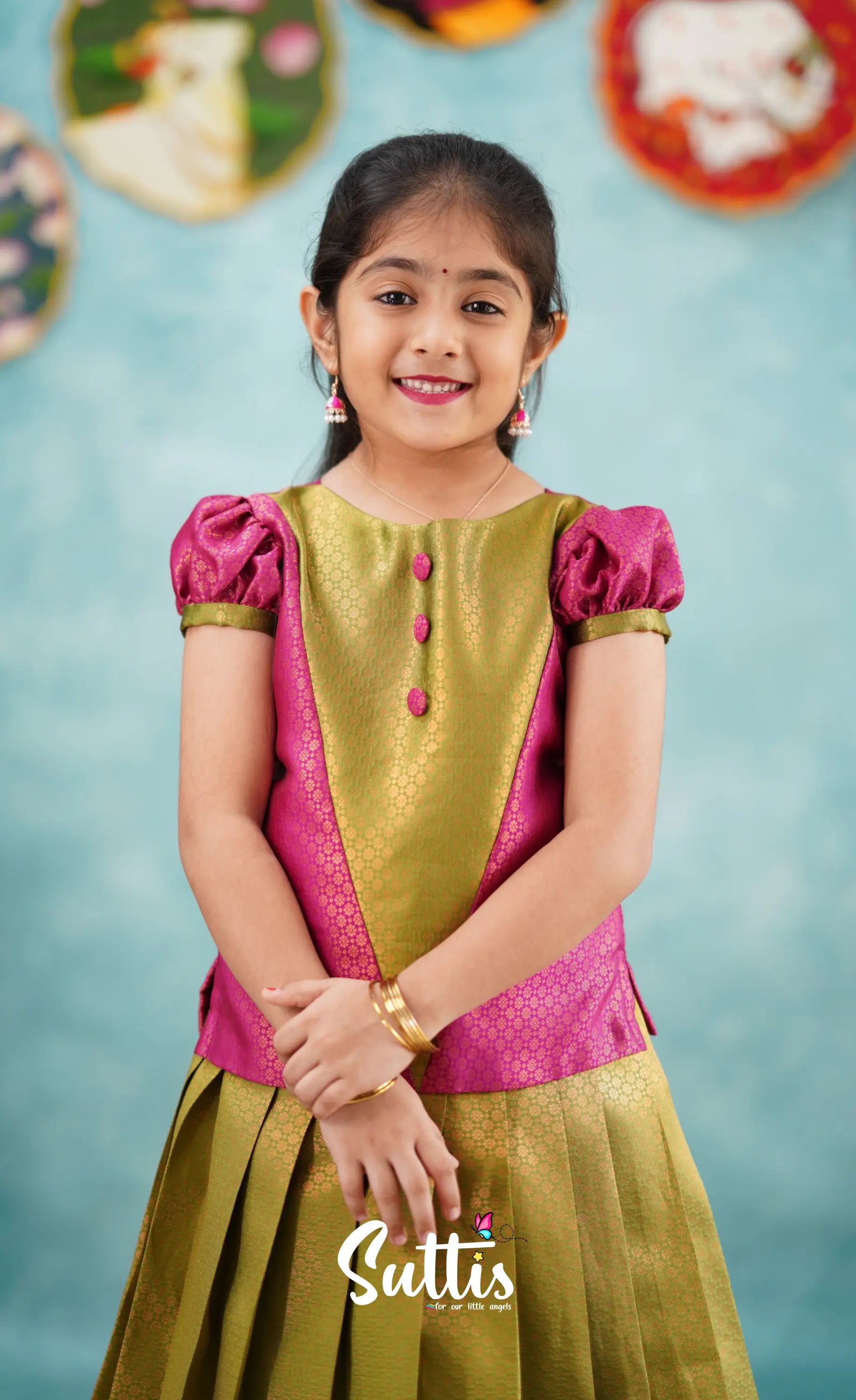 Padmakshi - Green Shade And Dark Pink Pavadai Sattai Kids-Suttis