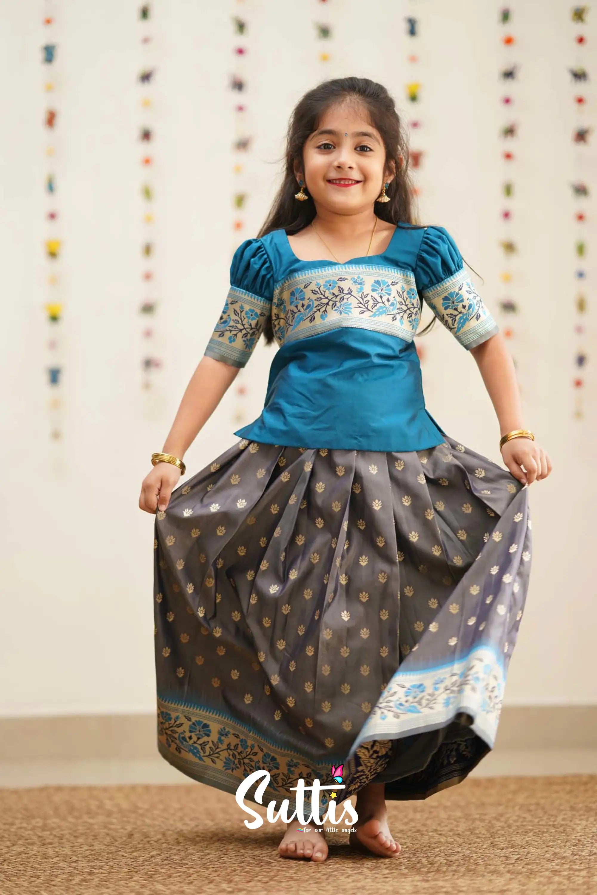 Padmakshi - Grey And Blue Art Silk Pavadai Top Kids-Suttis
