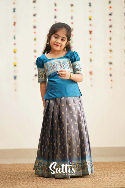 Padmakshi - Grey And Blue Art Silk Pavadai Top Kids-Suttis