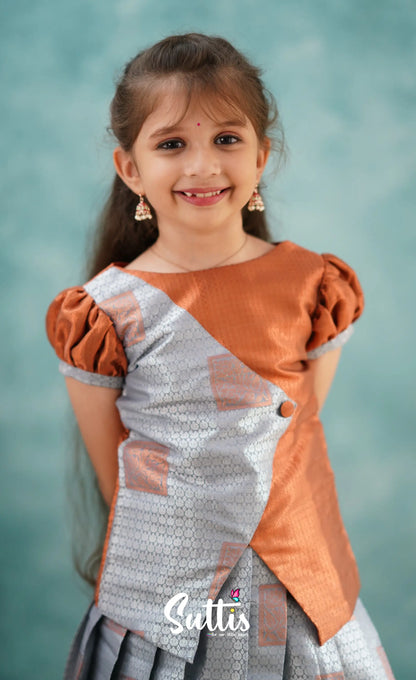 Padmakshi - Grey And Rust Blended Silk Pavadai Sattai Kids-Suttis