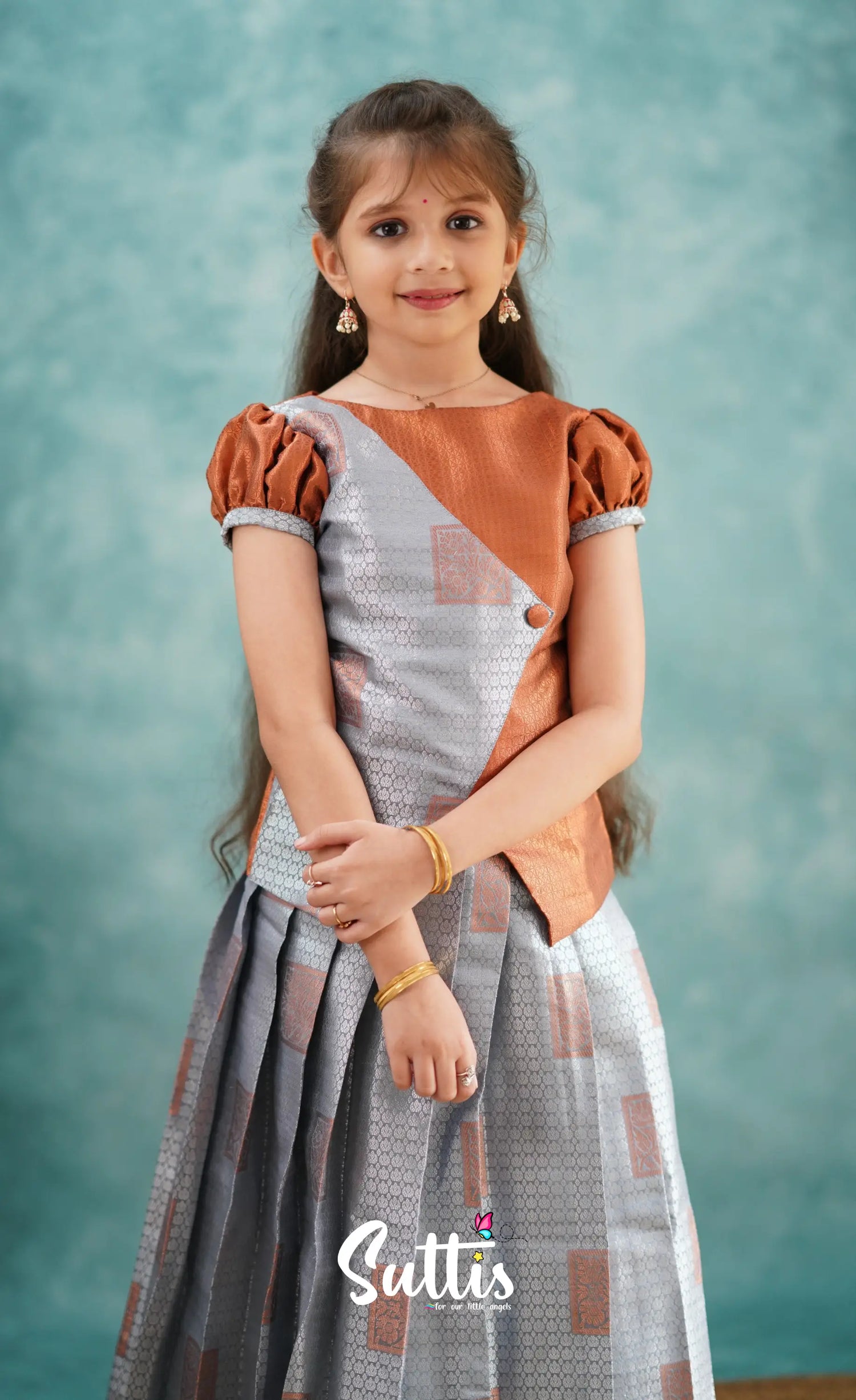 Padmakshi - Grey And Rust Blended Silk Pavadai Sattai Kids-Suttis