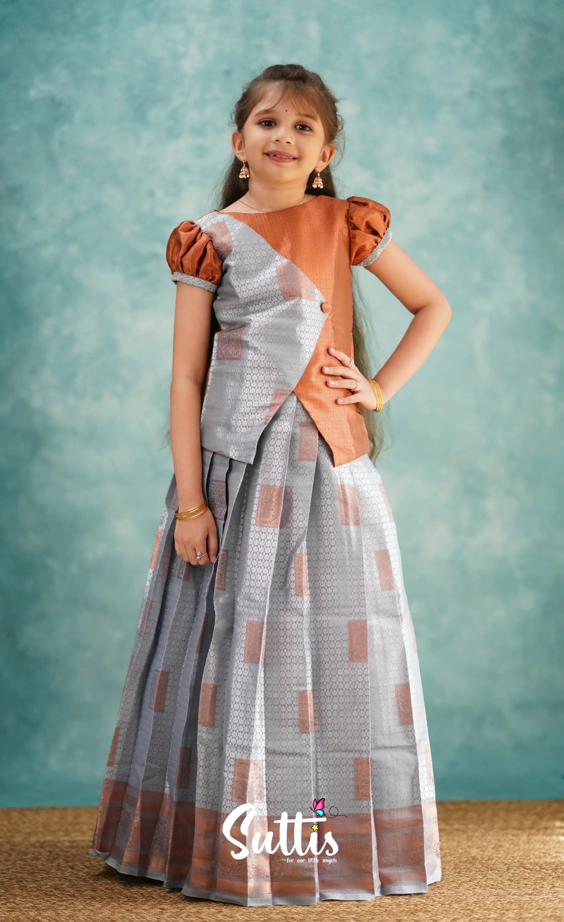 Padmakshi - Grey And Rust Blended Silk Pavadai Sattai Kids-Suttis