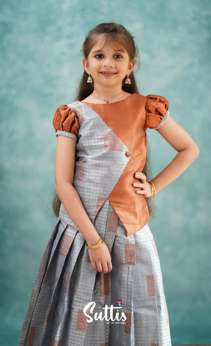 Padmakshi - Grey And Rust Blended Silk Pavadai Sattai Kids-Suttis