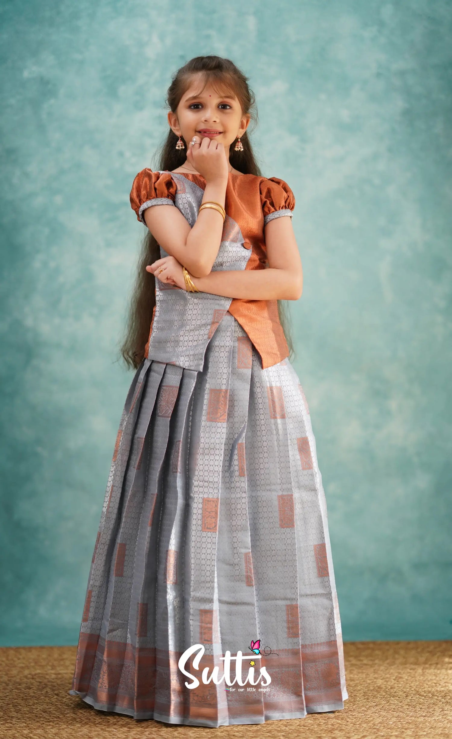 Padmakshi - Grey And Rust Blended Silk Pavadai Sattai Kids-Suttis