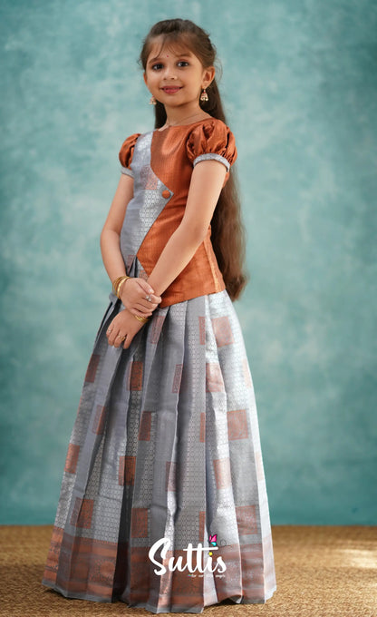 Padmakshi - Grey And Rust Blended Silk Pavadai Sattai Kids-Suttis